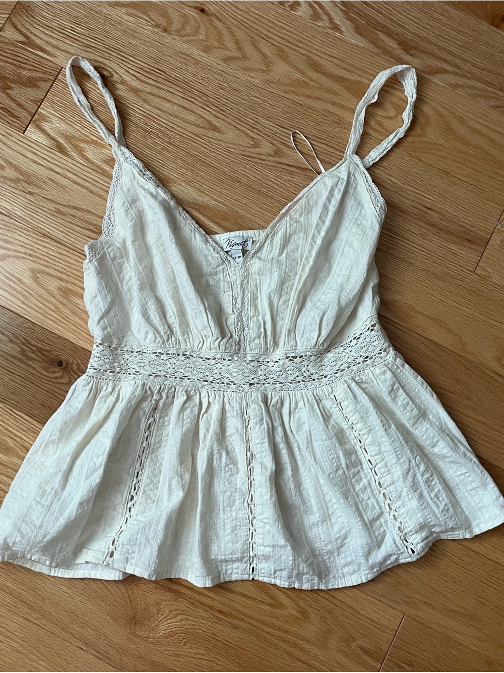 Kensie Cream Lace-Trim Spaghetti Strap Peplum Top